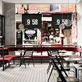 Industrial Restaurant Interior With Exposed Brick Wall Red Banquettes Hanging Lights And Wooden Tables