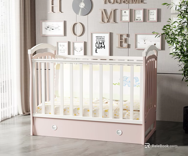 White and Pink Baby Crib With Drawer Storage And Decorative Wall Art 3d model 