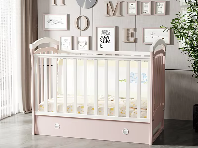 White and Pink Baby Crib With Drawer Storage And Decorative Wall Art 3d model