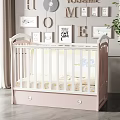 White and Pink Baby Crib With Drawer Storage And Decorative Wall Art