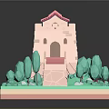 Commercial Equipment 3D Castle Display Model With Red Roof Green Trees And Reflective Base