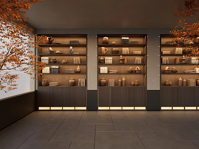 Modern Wooden Bookshelves With Shelves Books Decorative Items And Warm Lighting By Autumn Plant 3d model