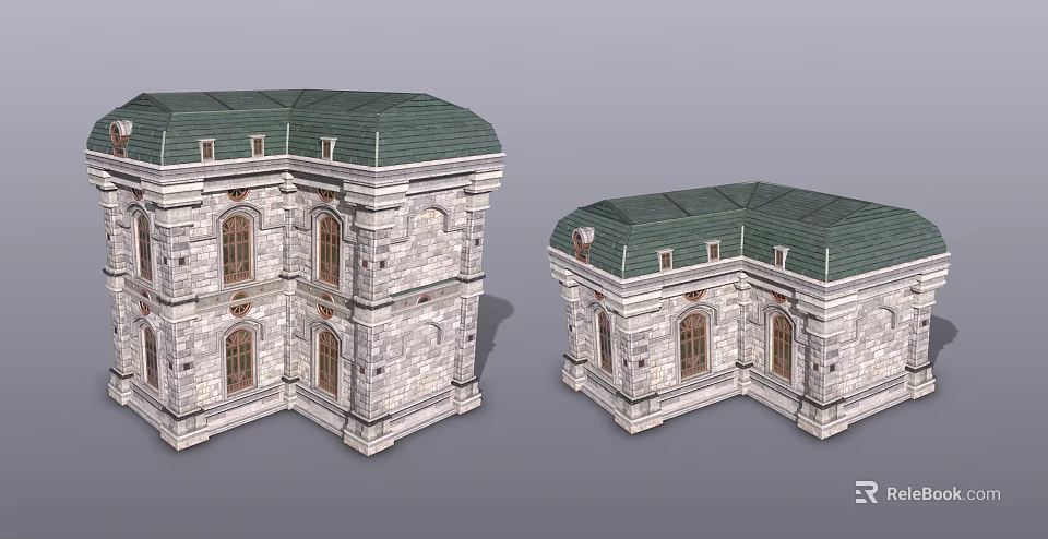3D Model Of Stone Buildings With Green Roofs And Arched Windows Design Details 3d model 