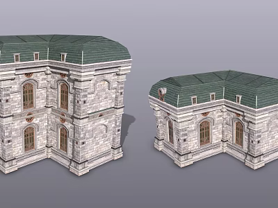 3D Model Of Stone Buildings With Green Roofs And Arched Windows Design Details 3d model