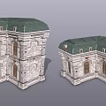 3D Model Of Stone Buildings With Green Roofs And Arched Windows Design Details