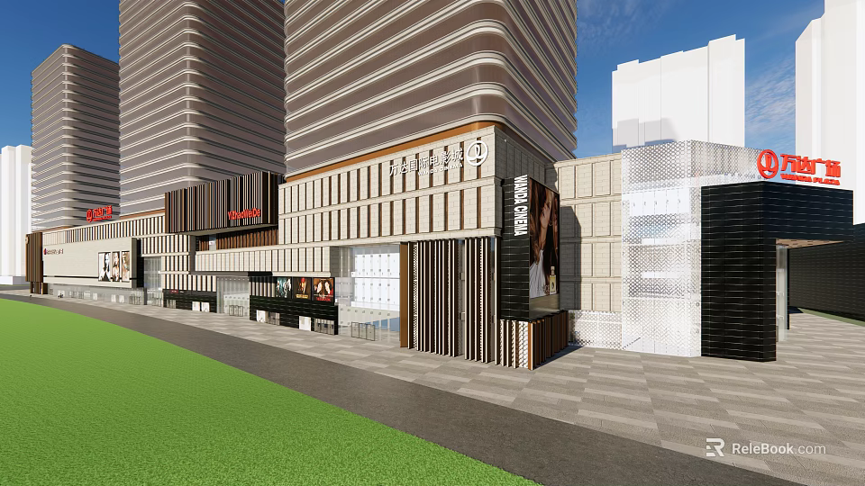 Modern Commercial Complex With High Rise Buildings Glass Curtain Wall And Brand Stores 3d model 