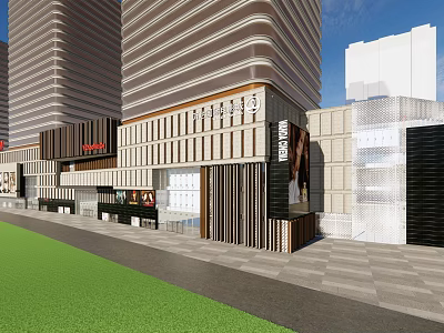 Modern Commercial Complex With High Rise Buildings Glass Curtain Wall And Brand Stores 3d model