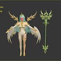 Elegant Fantasy Angel Character With Outstretched White Wings And Golden Ornate Staff