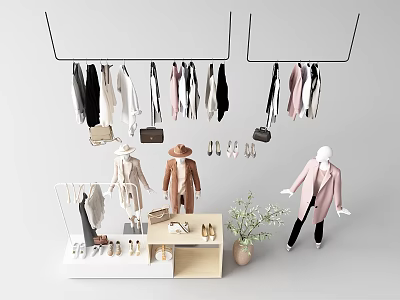 Clothes Hangers Hanging With Various Apparel Mannequins Shoes Bags Hats Plant And Display Table 3d model