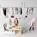 Clothes Hangers Hanging With Various Apparel Mannequins Shoes Bags Hats Plant And Display Table