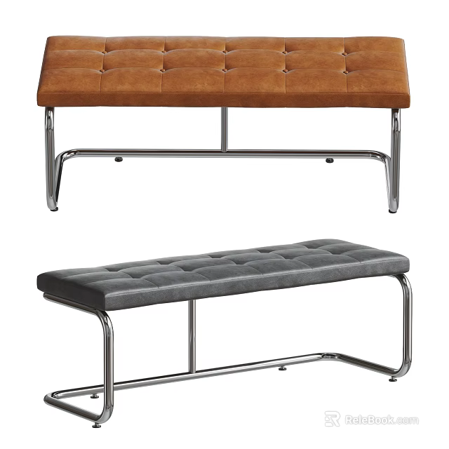 Brown and Gray Tufted Sofa Bench with Metal Frame and Comfortable Cushion 3d model 