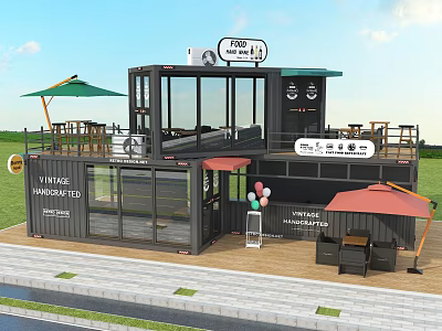 Vintage Handcrafted Container Structure With Glass Windows Terrace And Outdoor Dining Area 3d model
