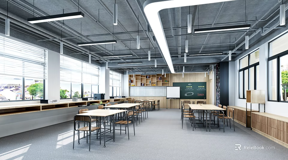 Modern Open Concept Kitchen Interior With Spacious Layout And Wooden Cabinets 3d model