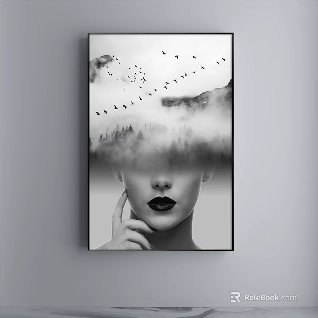 Black and White Portrait Painting featuring female face with misty mountains and flying birds 3d model 