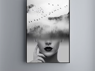 Black and White Portrait Painting featuring female face with misty mountains and flying birds 3d model