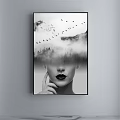 Black and White Portrait Painting featuring female face with misty mountains and flying birds
