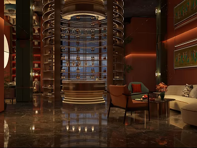 Elegant Hotel Lobby Interior With Marble Floor Sofa Art Paintings And Warm Lighting 3d model