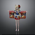 Anime Style Girl Character With Blonde Hair Red Hairpin Blue Kimono Top And Red Skirt