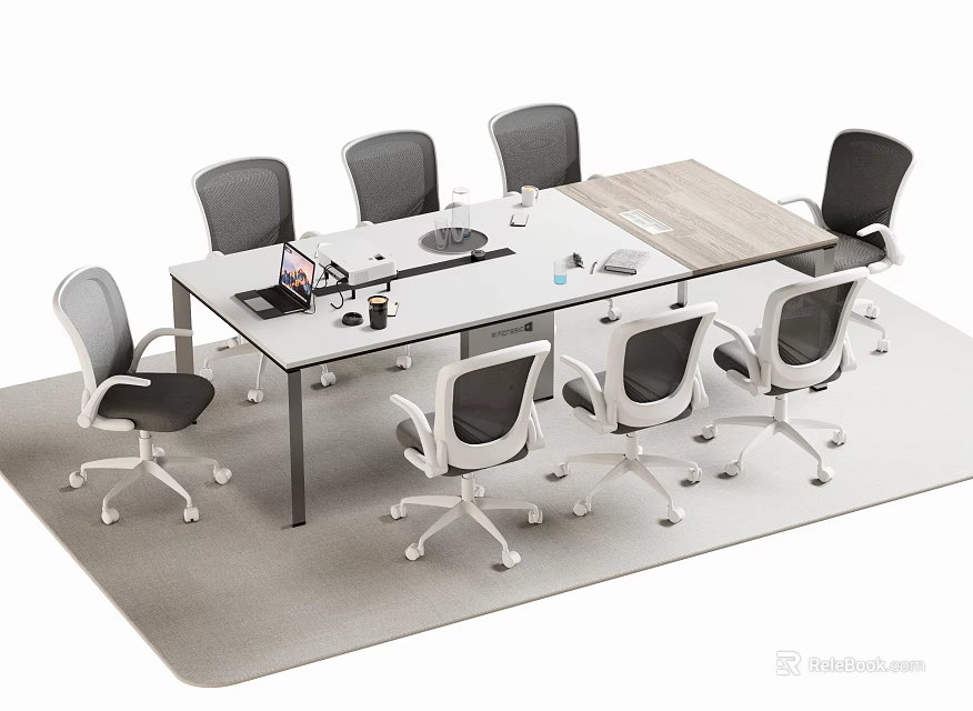 Modern Office Conference Table With Wooden Top And Wheeled Office Chairs With Laptop And Supplies 3d model 