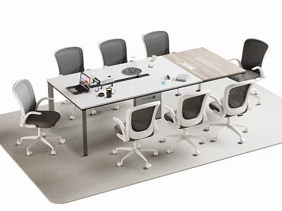 Modern Office Conference Table With Wooden Top And Wheeled Office Chairs With Laptop And Supplies 3d model