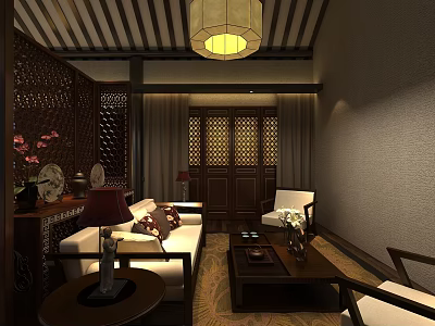 Traditional Chinese Hotel Guest Room With Sofa Coffee Table And Wooden Screen Decorations 3d model