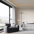 Modern Bedroom Interior Design With Soft Lighting Round Wall Art Floor Lamp And Plush Bed