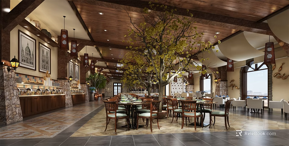 Restaurant Interior Design With Wooden Ceiling Hanging Lanterns Central Big Tree And Buffet Counter 3d model 