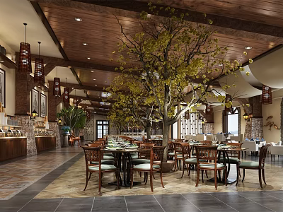 Restaurant Interior Design With Wooden Ceiling Hanging Lanterns Central Big Tree And Buffet Counter 3d model