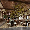 Restaurant Interior Design With Wooden Ceiling Hanging Lanterns Central Big Tree And Buffet Counter