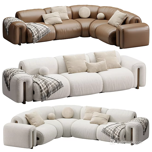 Modern Sectional Sofa With Pillows And Cozy Blankets In Neutral Tones 3d model
