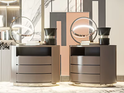Modern Bedside Tables With Dark Drawers Round Lamps And Metal Trim Design 3d model