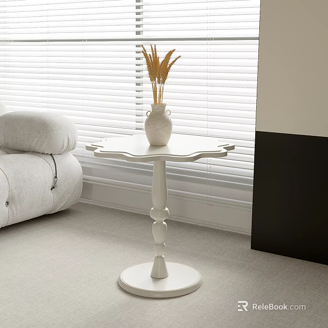 Round Side Table With White Vase Dried Wheat By Beige Sofa And White Blinds 3d model