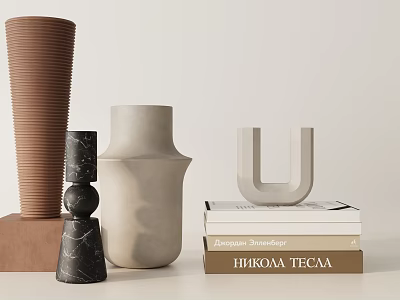 Minimalist Decorative Ornament Set with Neutral Tones Vase Sculpture Marble Texture and Stacked Books 3d model