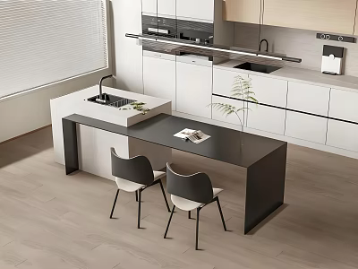 Modern Bar Counter Interior Design With Black Countertop And Two Gray Chairs In Kitchen 3d model