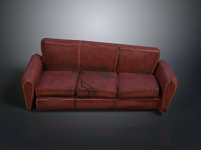 Red Leather Multi Seat Sofa with Distressed Design on Gray Background Interior 3d model