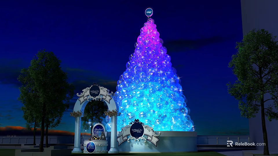 Giant Colorful Light Up Tree Decoration With Archway And Night Sky Background 3d model 