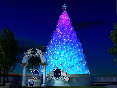 Giant Colorful Light Up Tree Decoration With Archway And Night Sky Background 3d model
