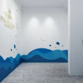 Elevator Corridor With White Walls Blue Wave Patterns Seagull Decorations Staircase And Gray Carpet 3d model