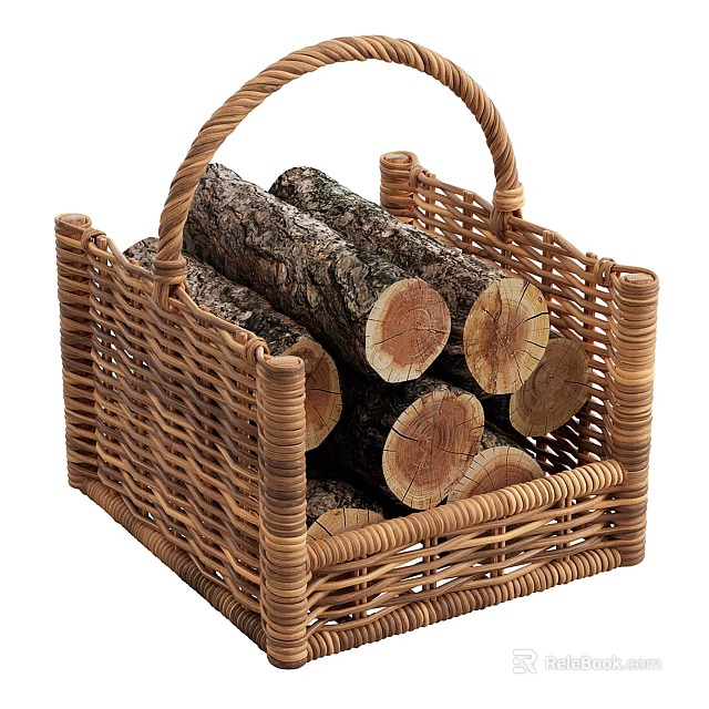 Wicker Basket Filled With Firewood For Home Use 3d model 