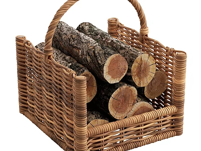 Wicker Basket Filled With Firewood For Home Use 3d model
