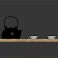 Black Cast Iron Teapot with Red Mat on Wooden Tray and Four White Small Bowls