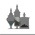 Clear Glass Vases With Lids Containing Decorative Balls And Pebbles On Gray Surface