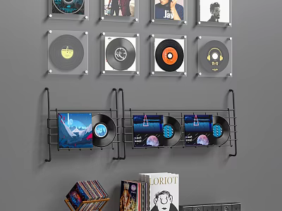 Decorative Ornament Set With Vinyl Records Wall Display And Metal Racks 3d model