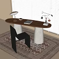 Modern Wooden Desk With White Cylindrical Legs Black Chair Table Lamp And Rug By Window