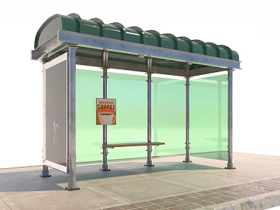 Bus Stop With Green Roof Transparent Glass Panels Bench And Coffee Advertisement Sign 3d model
