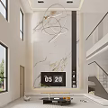 Duplex Living Room With High Ceiling Circular Chandelier Marble Accent Wall And Light Sofa