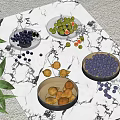 Fresh Blueberries Figs And Grapes In Bowls On Marble Surface With Scattered Fruits