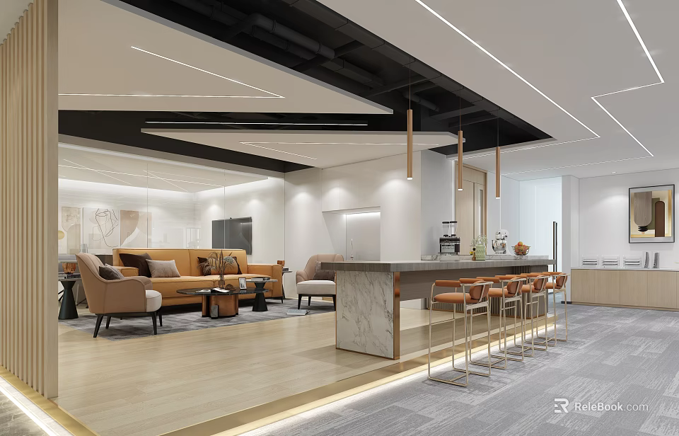 Modern Lounge Area Interior With Comfortable Sofas Bar Counter And Pendant Lights 3d model