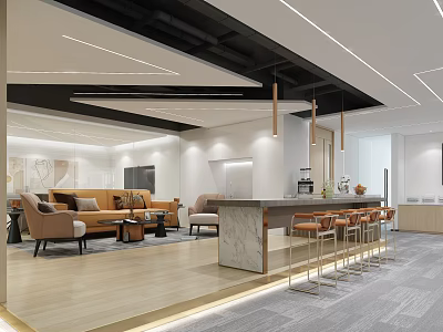 Modern Lounge Area Interior With Comfortable Sofas Bar Counter And Pendant Lights 3d model