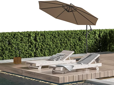 Wooden Lounge Chairs With Cushions On Wooden Deck Under Umbrella And Green Hedge 3d model